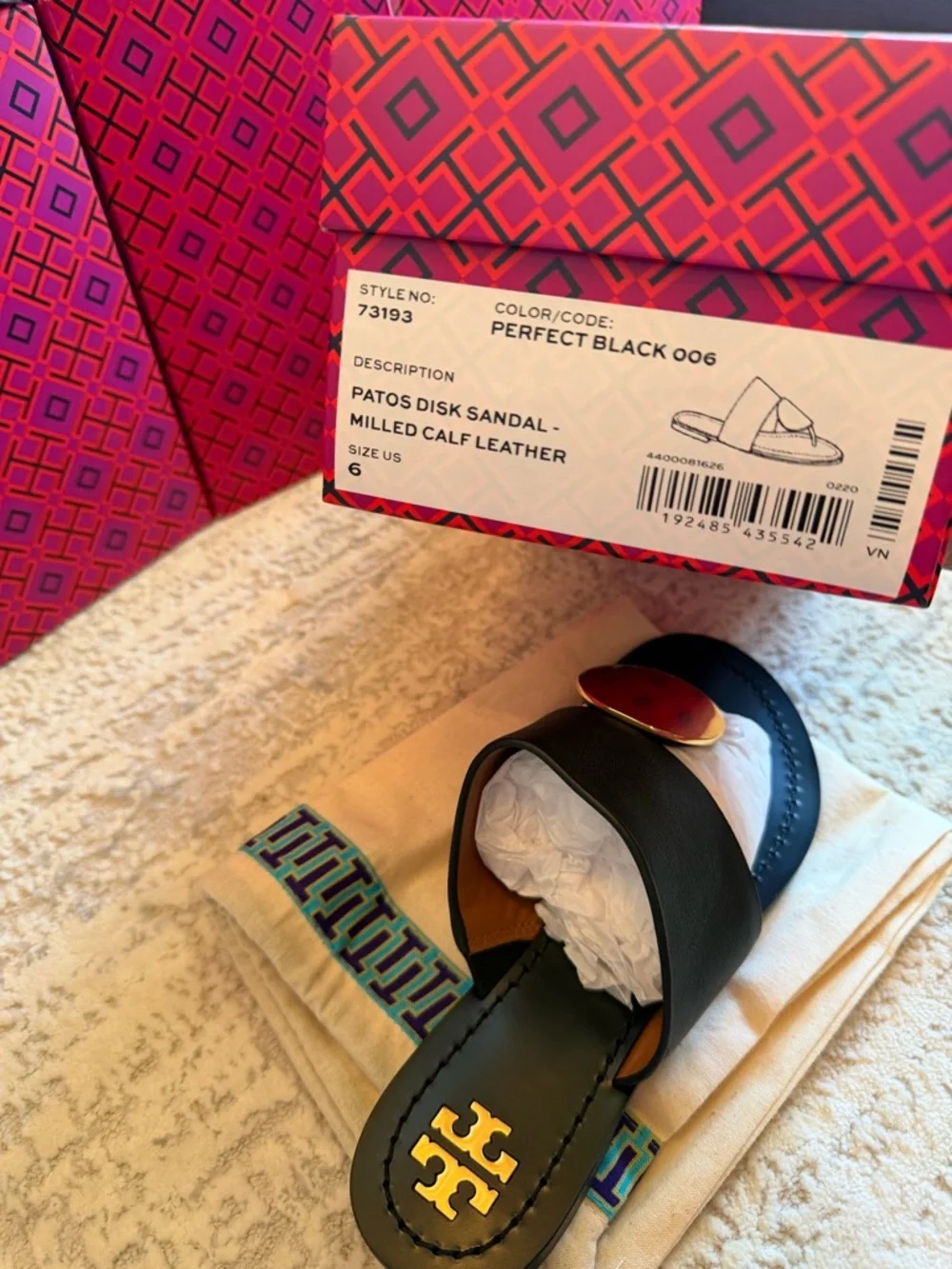 Tory Burch Black Leather Slide Sandals with Gold Disc Accent